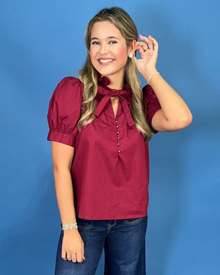 Burgundy Belle Tie Neck Ruffle Top - All About You