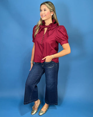 Burgundy Belle Tie Neck Ruffle Top - All About You