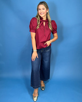 Burgundy Belle Tie Neck Ruffle Top - All About You
