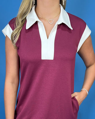 Burgundy Clubhouse Contrast Collar V Neck Maxi Shift Dress - All About You