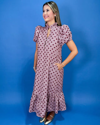 Burgundy Dot & Gingham Ruffle Detail Midi Dress - All About You