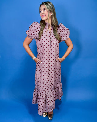Burgundy Dot & Gingham Ruffle Detail Midi Dress - All About You