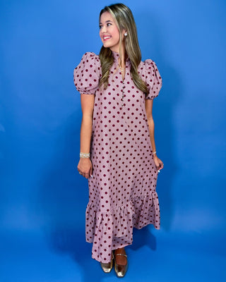 Burgundy Dot & Gingham Ruffle Detail Midi Dress - All About You