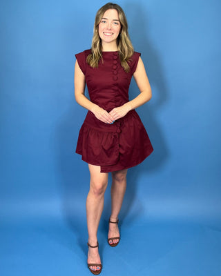 Buttoned in Bordeaux Drop Waist Mini Dress - All About You