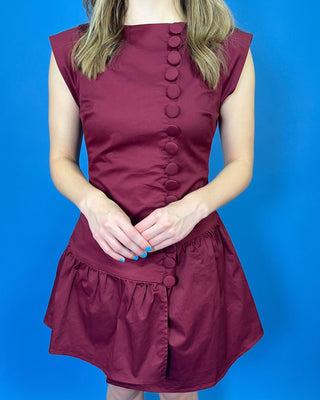 Buttoned in Bordeaux Drop Waist Mini Dress - All About You