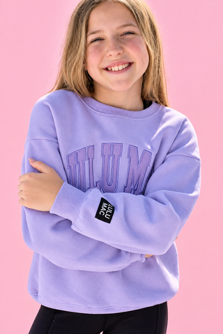 lavender purple crewneck sweatshirt with 'LULUMAC' printed in arched letters on the chest