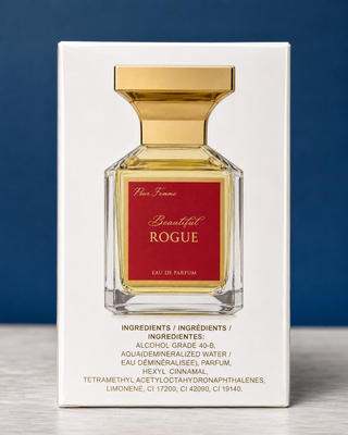 Perfume bottle with gold cap on a white box against a blue background