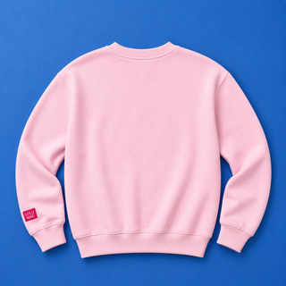 Pink sweatshirt with a small red logo on the sleeve against a blue background