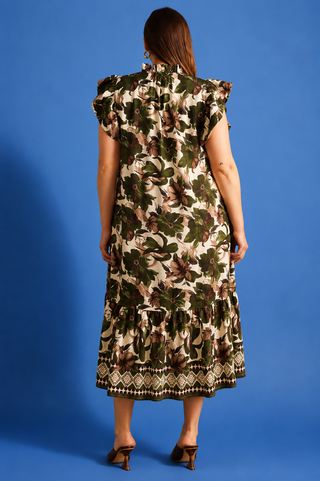  a tiered midi dress with a dark green and brown floral print on a beige background, featuring ruffled cap sleeves 