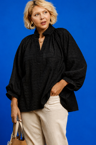 Blue Button Up Tiered Denim Top in soft 100% Tencel with a button front, chest pocket, tiered peplum hem, and relaxed fit.