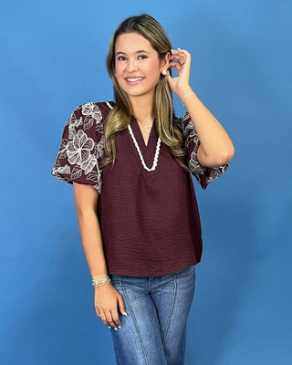 Cabernet Bloom Floral Puff Sleeve Top - All About You