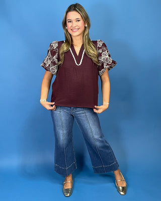Cabernet Bloom Floral Puff Sleeve Top - All About You