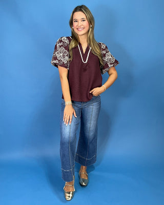 Cabernet Bloom Floral Puff Sleeve Top - All About You