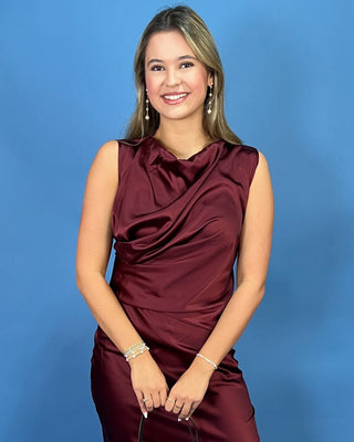 Cabernet Nights Satin Draped Sleeveless Maxi Dress - All About You