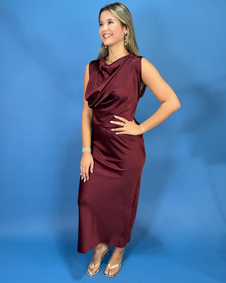 Cabernet Nights Satin Draped Sleeveless Maxi Dress - All About You