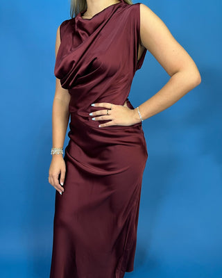 Cabernet Nights Satin Draped Sleeveless Maxi Dress - All About You