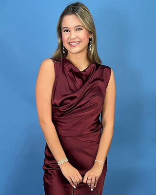 Cabernet Nights Satin Draped Sleeveless Maxi Dress - All About You
