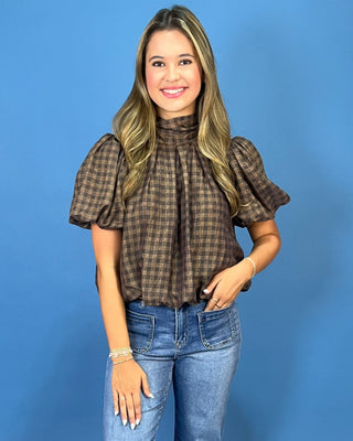 Cafe Mocha Plaid Tie Neck Puff Sleeve Top - All About You