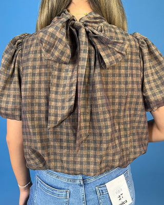 Cafe Mocha Plaid Tie Neck Puff Sleeve Top - All About You