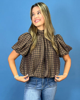 Cafe Mocha Plaid Tie Neck Puff Sleeve Top - All About You
