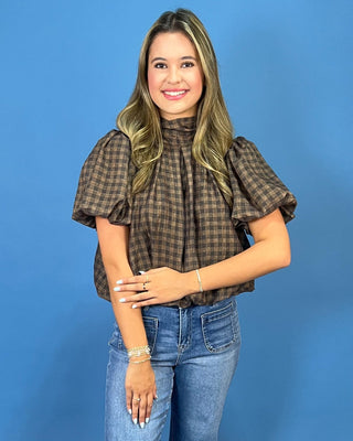 Cafe Mocha Plaid Tie Neck Puff Sleeve Top - All About You