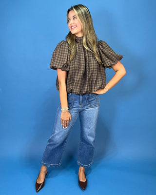 Cafe Mocha Plaid Tie Neck Puff Sleeve Top - All About You