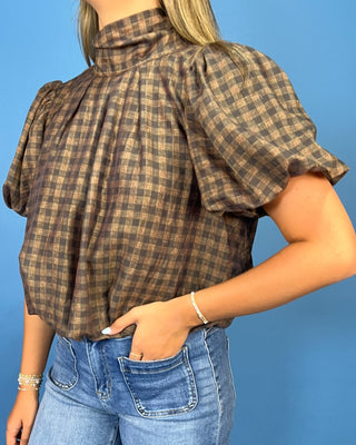 Cafe Mocha Plaid Tie Neck Puff Sleeve Top - All About You