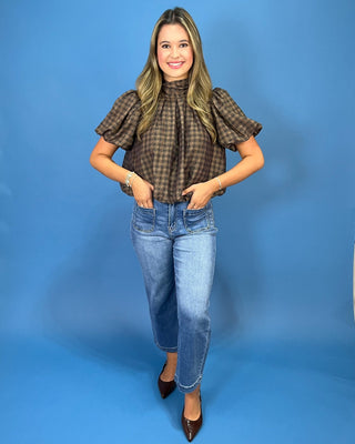 Cafe Mocha Plaid Tie Neck Puff Sleeve Top - All About You