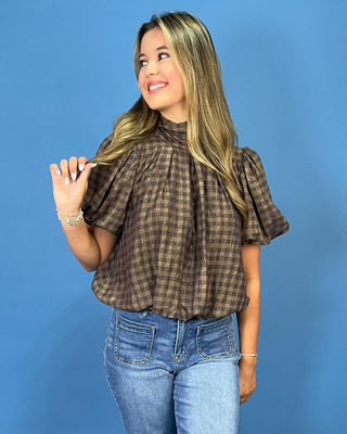Cafe Mocha Plaid Tie Neck Puff Sleeve Top - All About You