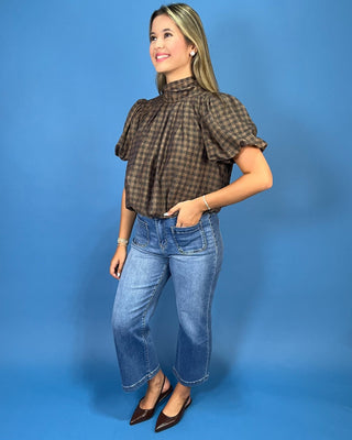Cafe Mocha Plaid Tie Neck Puff Sleeve Top - All About You