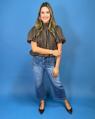 Cafe Mocha Plaid Tie Neck Puff Sleeve Top - All About You