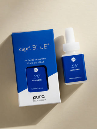capri BLUE fragrance refill bottle and packaging on a beige background