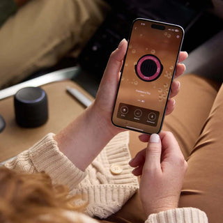 Person holding a smartphone with a music app on a blurred indoor background