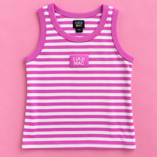Pink and white striped sleeveless tank top with a pink chest patch reading 'LULU MAC' and a black neck label, shown flat on a pink background.