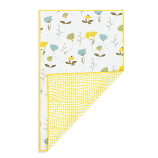 Floral-patterned fabric with a yellow border on a white background