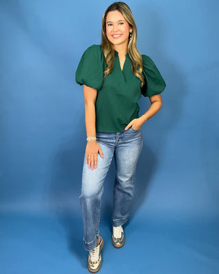 Cedar Grove Emerald Puff Sleeve V-Neck Top - All About You