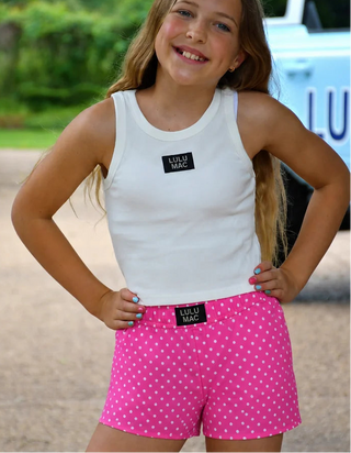 Polka Dot Boxer Shorts featuring a pink and white polka dot print, 100% cotton, elastic waistband, and relaxed fit.