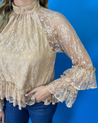 Champagne Wishes Mock Neck Ruffle Sleeve Detailed Lace Top - All About You