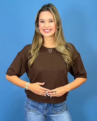 Chestnut Chocolate Textured Crew Neck Knit Top - All About You