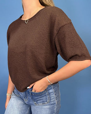 Chestnut Chocolate Textured Crew Neck Knit Top - All About You