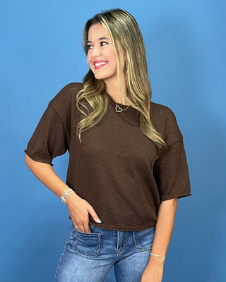 Chestnut Chocolate Textured Crew Neck Knit Top - All About You