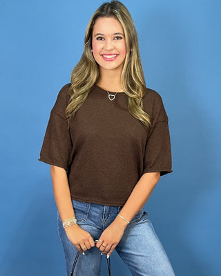 Chestnut Chocolate Textured Crew Neck Knit Top - All About You