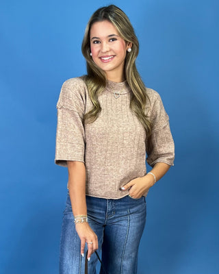 Chestnut Cozy Ribbed Grid Short Sleeve Knit Top - All About You