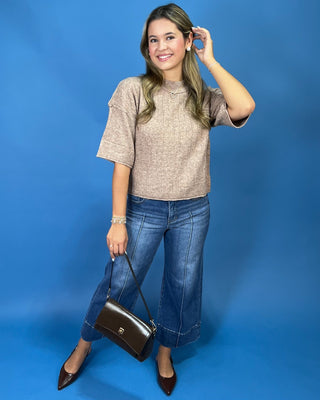 Chestnut Cozy Ribbed Grid Short Sleeve Knit Top - All About You