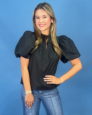 Chic Noir Puff Sleeve Split Neck Top - All About You