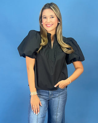 Chic Noir Puff Sleeve Split Neck Top - All About You