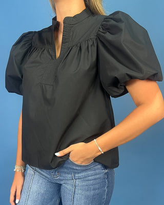 Chic Noir Puff Sleeve Split Neck Top - All About You