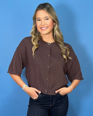 Chocolate Cozy Button Front Knit Short Sleeve Cardigan - All About You