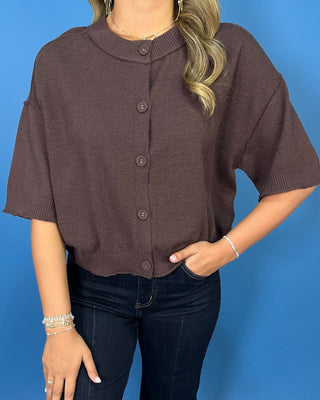 Chocolate Cozy Button Front Knit Short Sleeve Cardigan - All About You