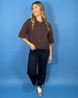 Chocolate Cozy Button Front Knit Short Sleeve Cardigan - All About You